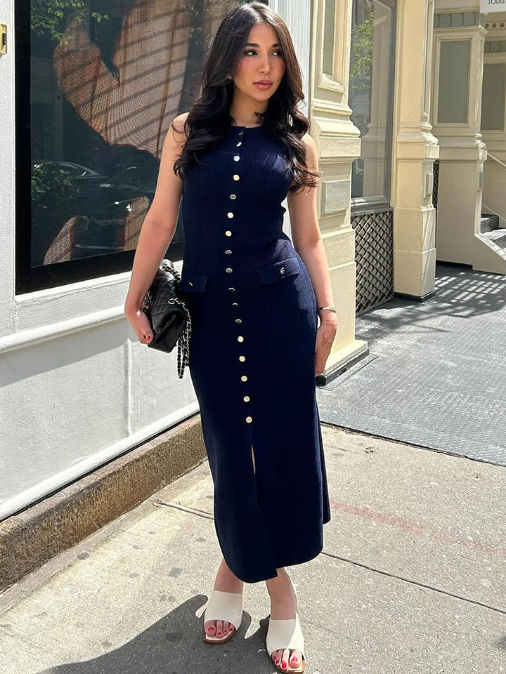 button front sleeveless midi dress Sl Button Down a Line Maxi Dress - Small / Natural