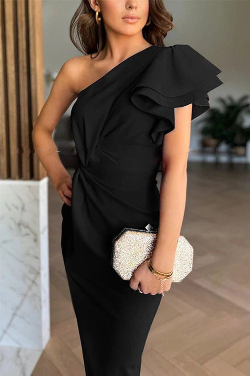 Vespera Ruffle One Shoulder Slit Midi Dress