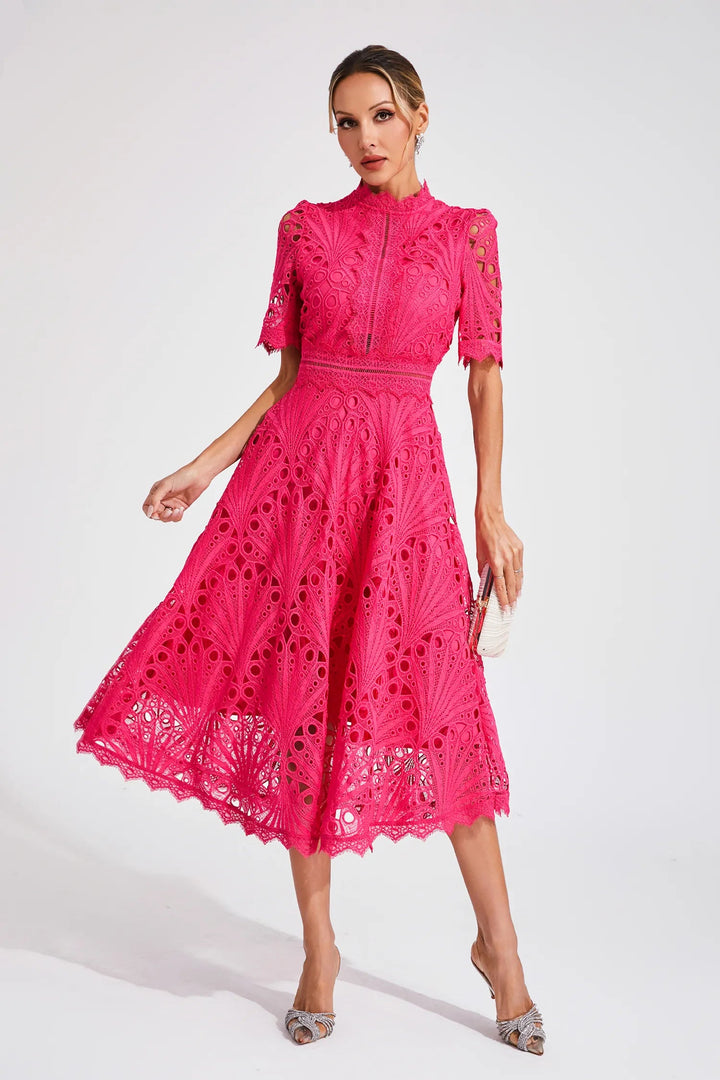 Serevina High Neck Broderie Anglaise Wedding Guest Midi Dress