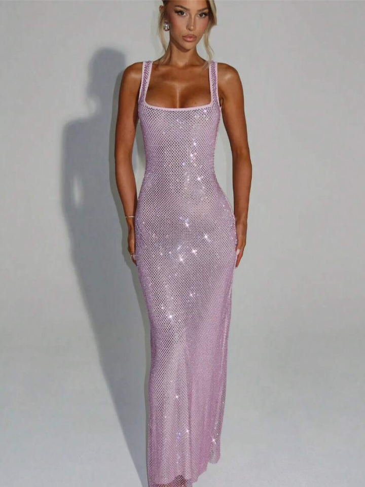 Berenice Women's Square Neck Bodycon Maxi Dress, Rhinestone Cocktail Dress