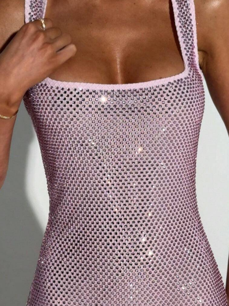 Berenice Women's Square Neck Bodycon Maxi Dress, Rhinestone Cocktail Dress