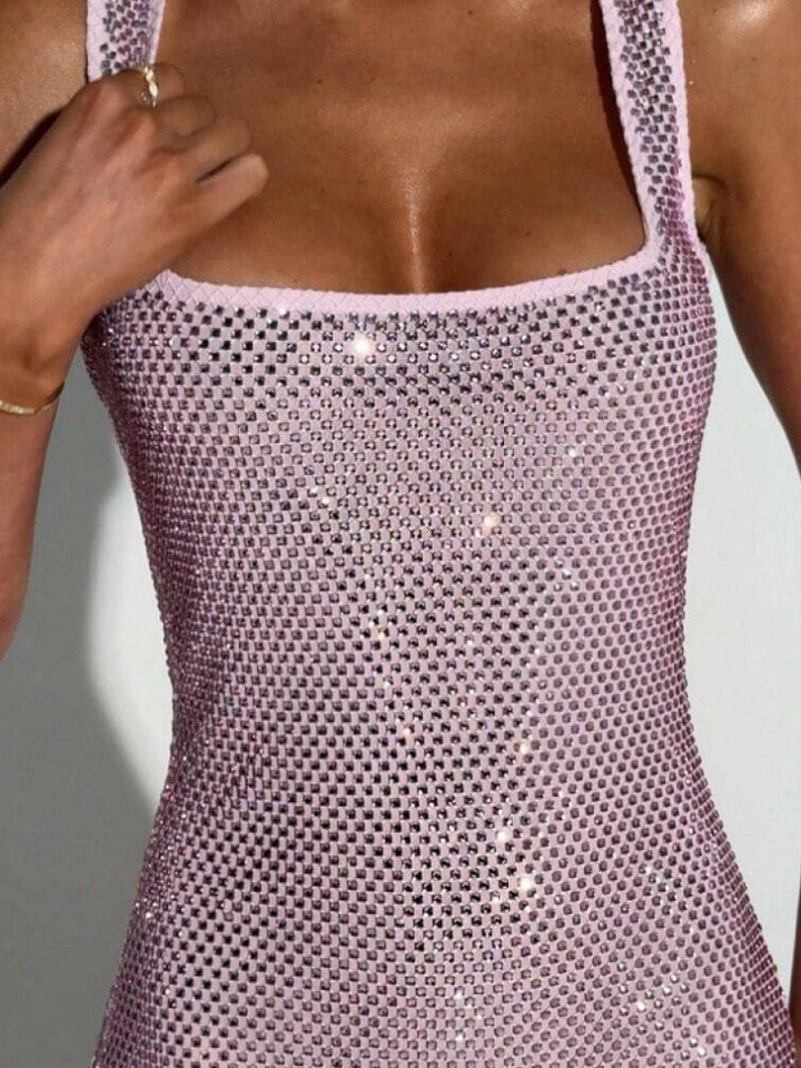 Berenice Women's Square Neck Bodycon Maxi Dress, Rhinestone Cocktail Dress