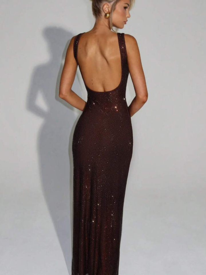 Berenice Women's Square Neck Bodycon Maxi Dress, Rhinestone Cocktail Dress