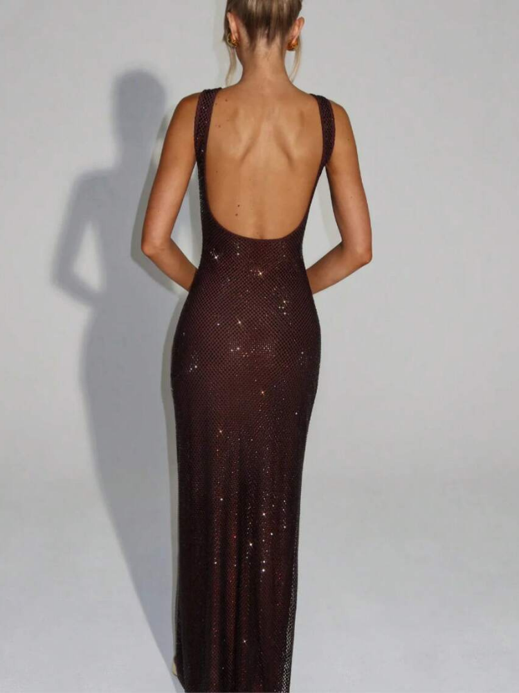 Berenice Women's Square Neck Bodycon Maxi Dress, Rhinestone Cocktail Dress