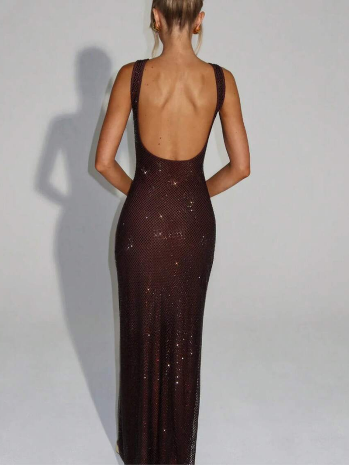 Berenice Women's Square Neck Bodycon Maxi Dress, Rhinestone Cocktail Dress
