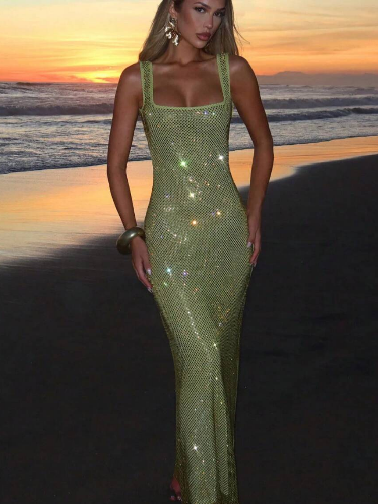 Berenice Women's Square Neck Bodycon Maxi Dress, Rhinestone Cocktail Dress