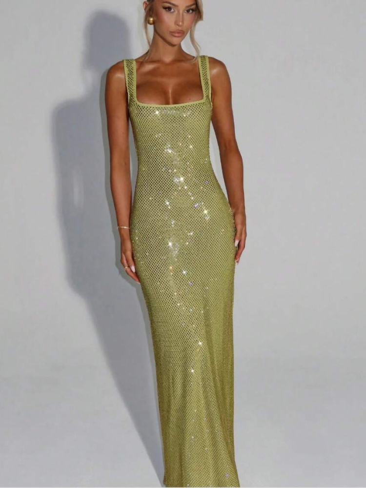 Berenice Women's Square Neck Bodycon Maxi Dress, Rhinestone Cocktail Dress