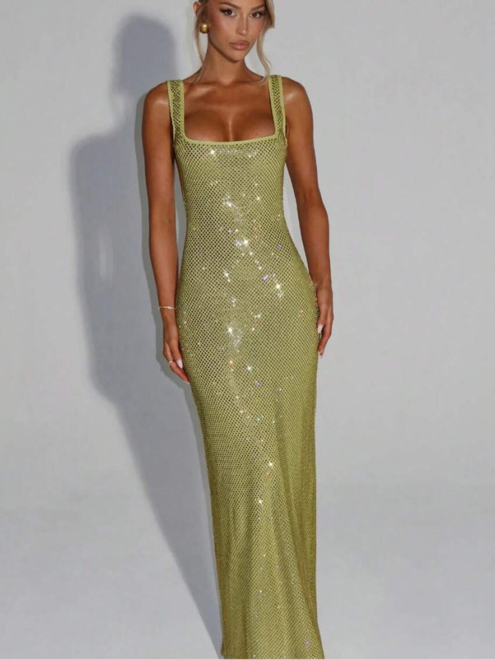 Berenice Women's Square Neck Bodycon Maxi Dress, Rhinestone Cocktail Dress