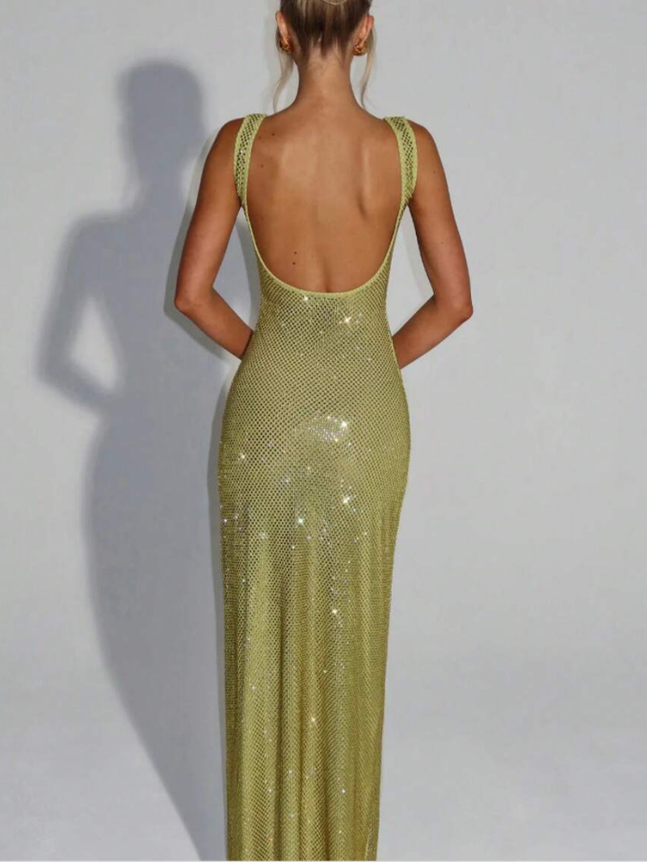 Berenice Women's Square Neck Bodycon Maxi Dress, Rhinestone Cocktail Dress