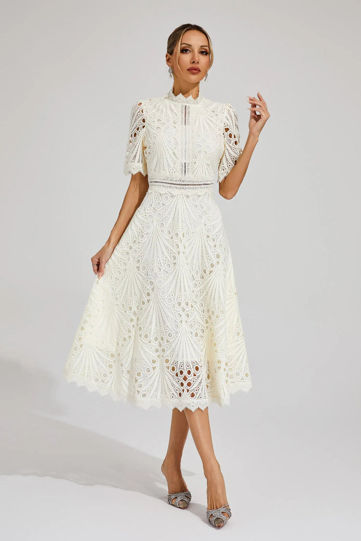 Serevina High Neck Broderie Anglaise Wedding Guest Midi Dress