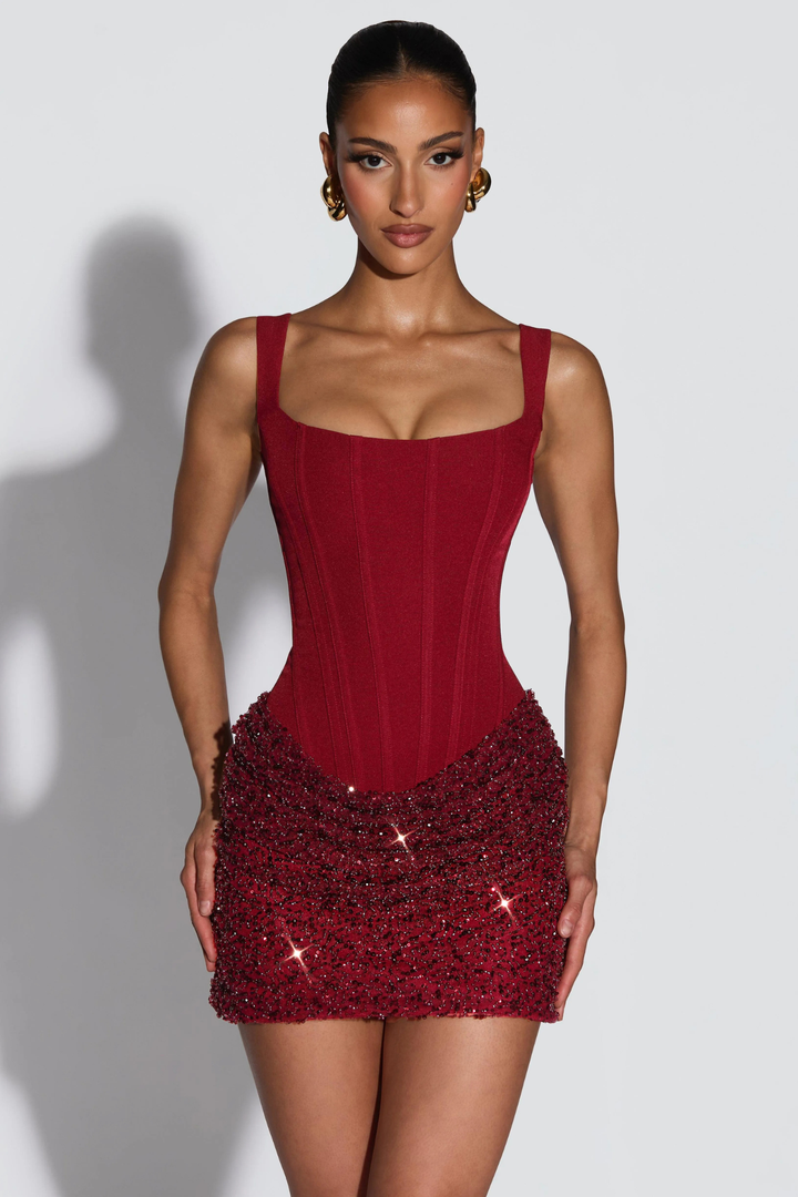 Viola Women's Square Neck Bodycon Mini Dress, Jersey Sequin Going Out Dress – Red