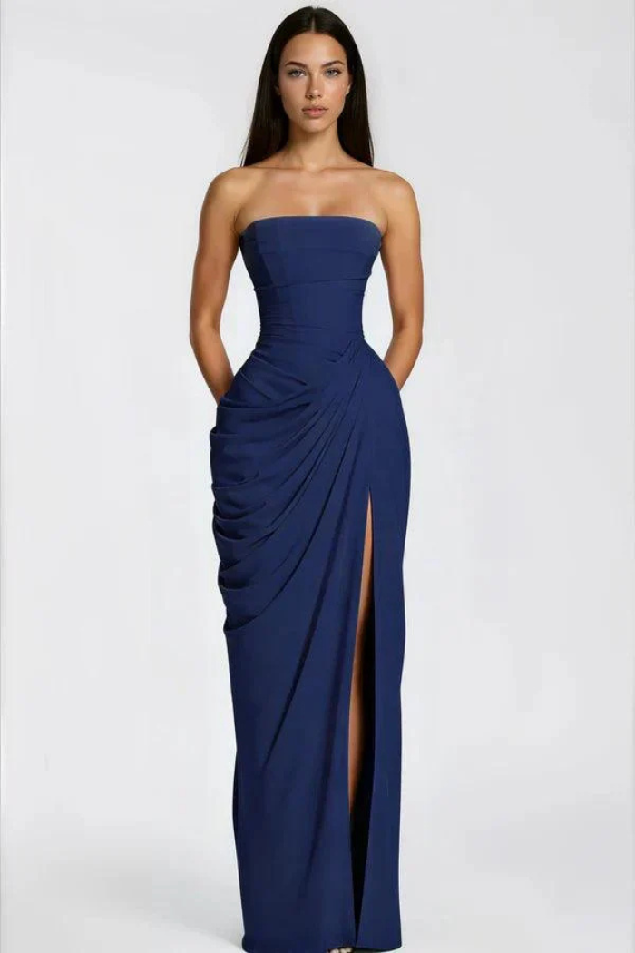 Cosette Women's Strapless Ruched Bridesmaid Dress, High Slit Maxi Dress
