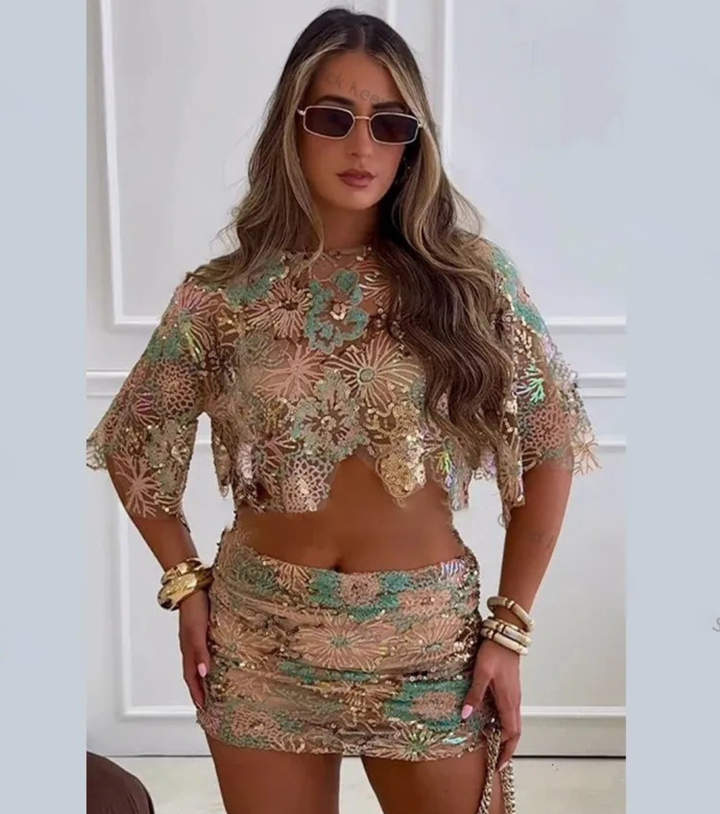 Raina Floral Embroidered Mini Skirt Set