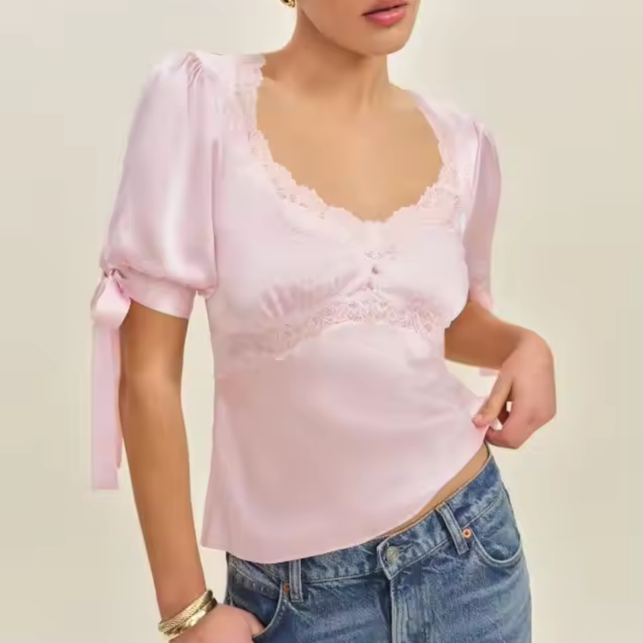 Solavelle Lace Trim Satin Summer Blouse