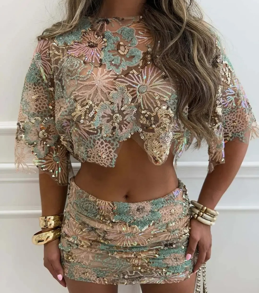 Raina Floral Embroidered Mini Skirt Set