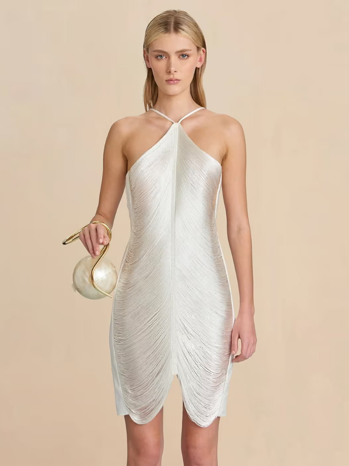 Chiara Women's Halter Neck Draped Mini Dress, Asymmetric Hem Summer Dress – White
