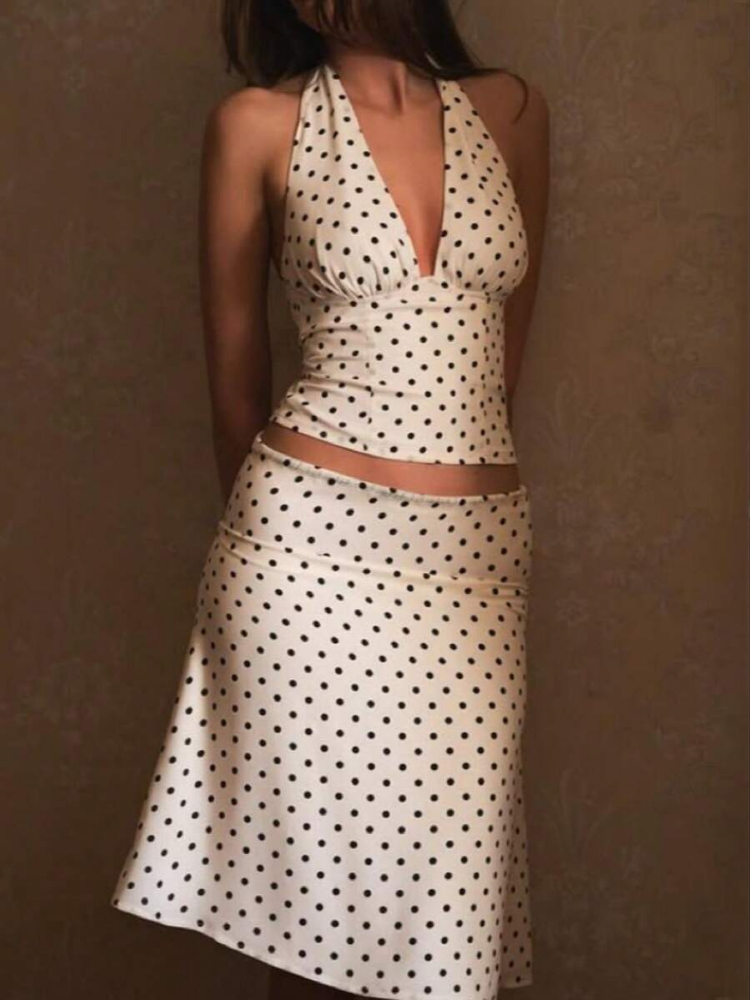 Sableen Women's Halter Polka Dot Two-Piece Set, Midi Skirt Brunch Outfit