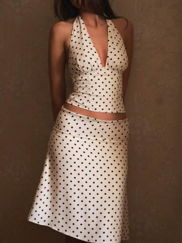 Sableen Women's Halter Polka Dot Two-Piece Set, Midi Skirt Brunch Outfit