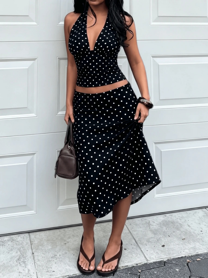 Sableen Women's Halter Polka Dot Two-Piece Set, Midi Skirt Brunch Outfit