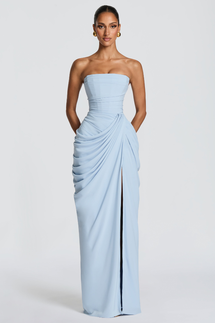 Cosette Women's Strapless Ruched Bridesmaid Dress, High Slit Maxi Dress