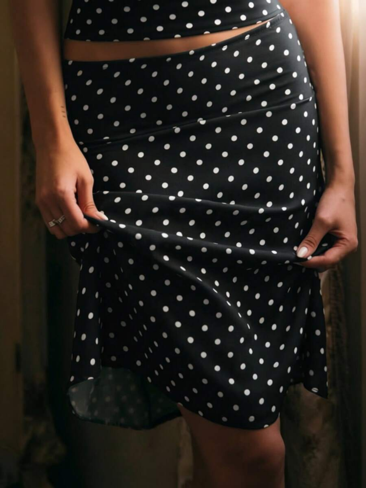Sableen Women's Halter Polka Dot Two-Piece Set, Midi Skirt Brunch Outfit