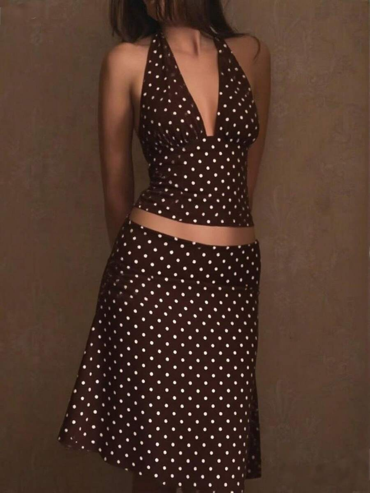 Sableen Women's Halter Polka Dot Two-Piece Set, Midi Skirt Brunch Outfit