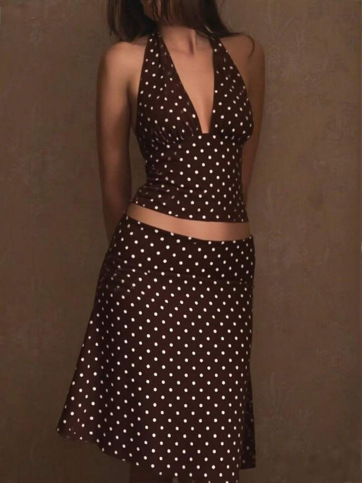 Sableen Women's Halter Polka Dot Two-Piece Set, Midi Skirt Brunch Outfit