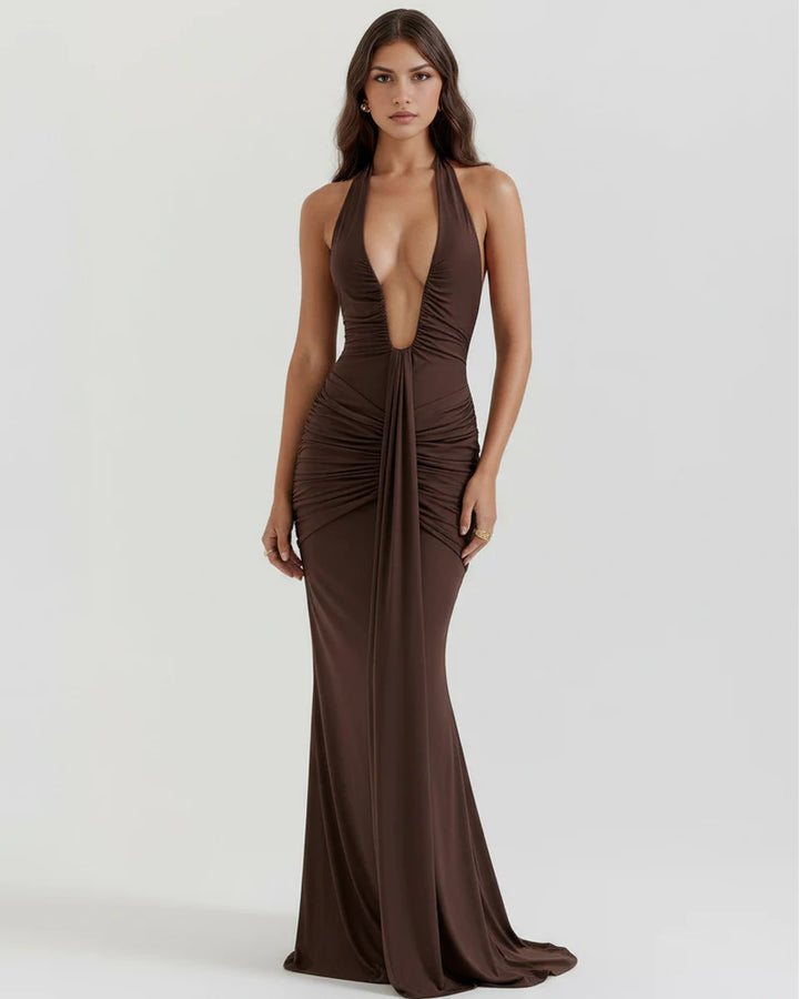 Zadie Ruched Halter Black Tie Wedding Guest Maxi Dress