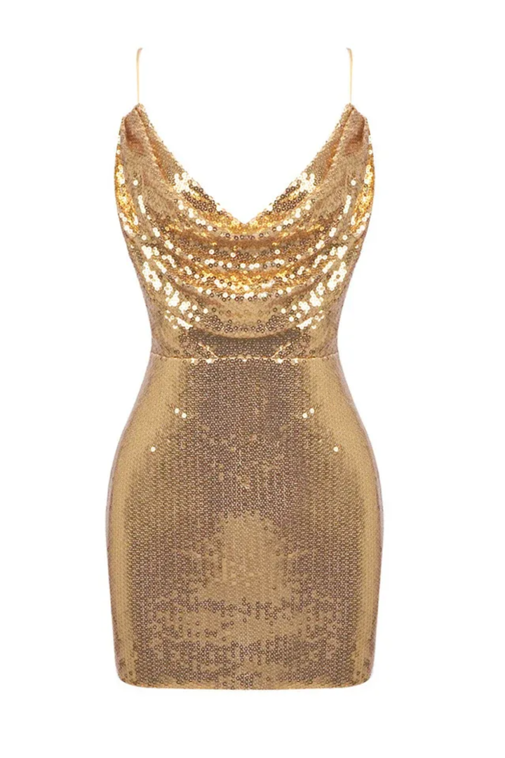 Cecilia Women's Cowl Neck Sequin Mini Dress, Backless Going Out Dress – Gold