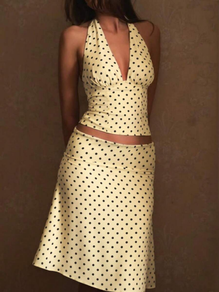 Sableen Women's Halter Polka Dot Two-Piece Set, Midi Skirt Brunch Outfit