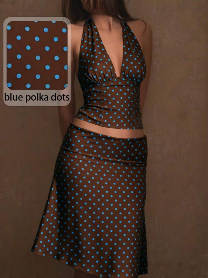 Sableen Women's Halter Polka Dot Two-Piece Set, Midi Skirt Brunch Outfit