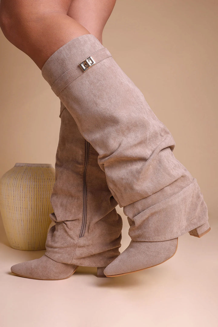 Favinella Slouchy Suede Knee Boots - Beige