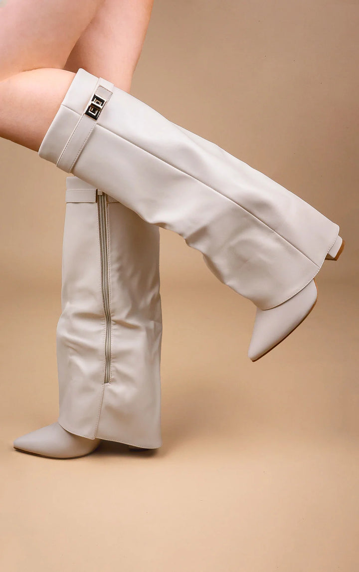 Favinella Leather Knee Boots - Beige