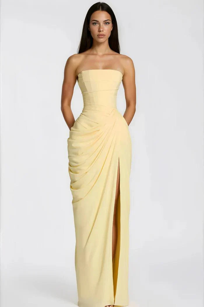 Cosette Women's Strapless Ruched Bridesmaid Dress, High Slit Maxi Dress