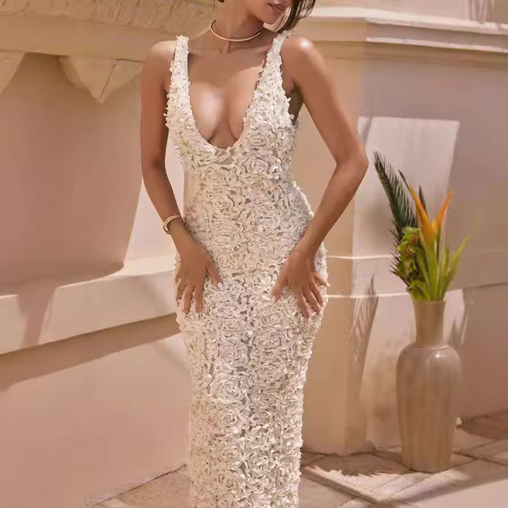 Celi White Floral V-Neck Maxi Dress