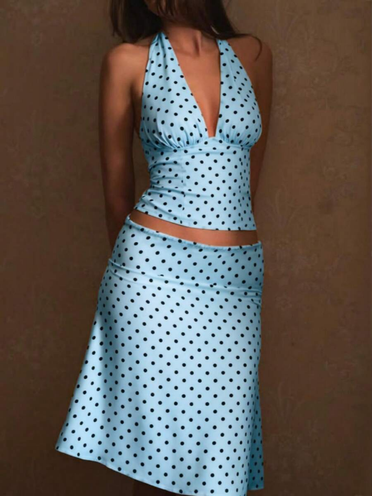 Sableen Women's Halter Polka Dot Two-Piece Set, Midi Skirt Brunch Outfit