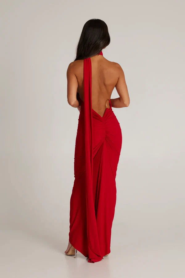 Ysolde Sculpted Halter Black Tie Wedding Guest Maxi Dress