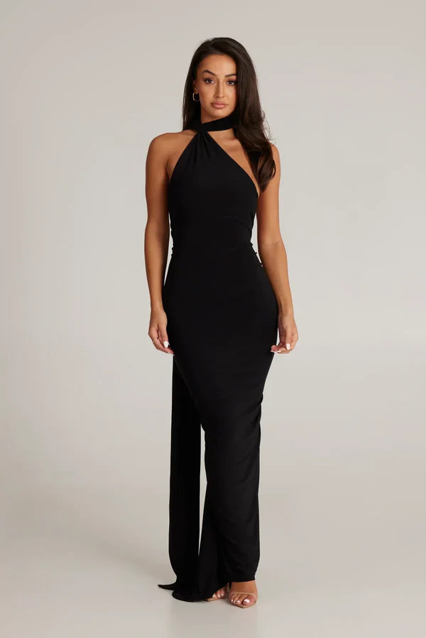 Ysolde Sculpted Halter Black Tie Wedding Guest Maxi Dress