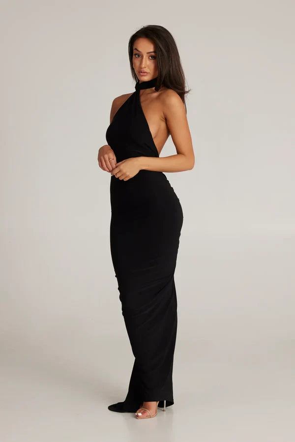 Ysolde Sculpted Halter Black Tie Wedding Guest Maxi Dress