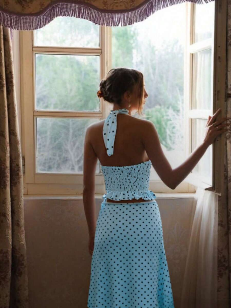 Sableen Women's Halter Polka Dot Two-Piece Set, Midi Skirt Brunch Outfit