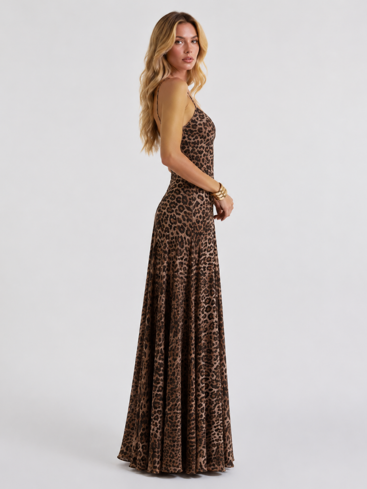 Emilia Women's A-Line Leopard Print Maxi Dress, V-Neck Sequin Gala Dress – Brown