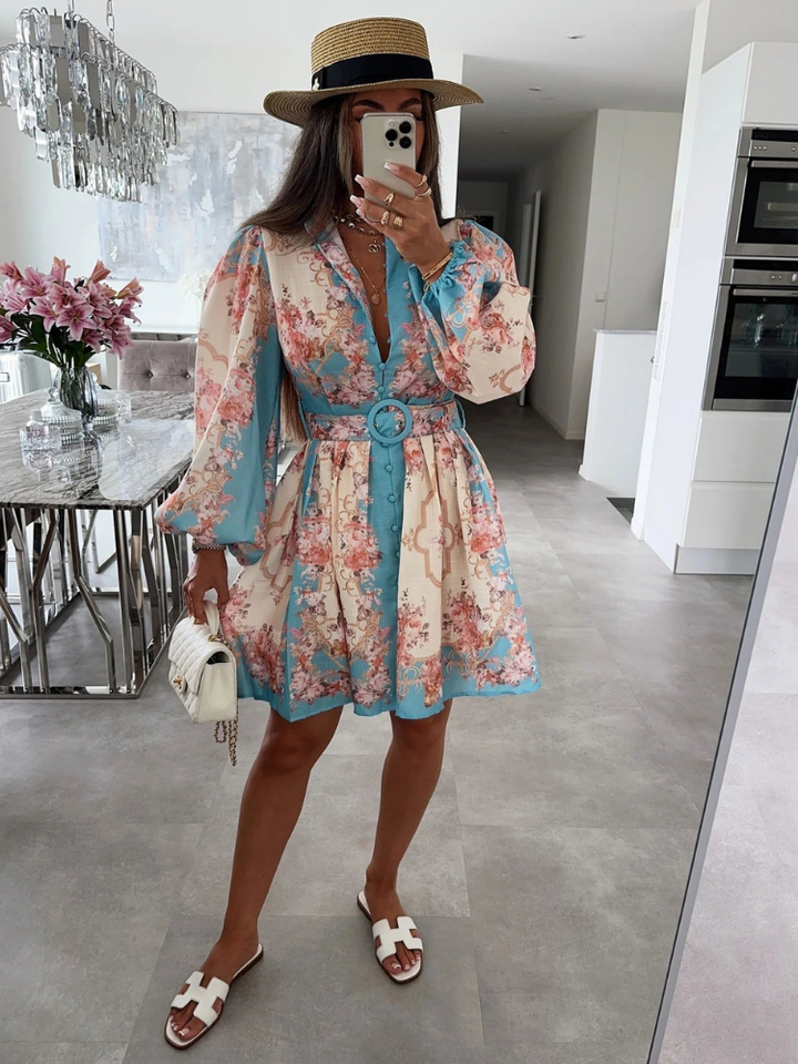 Chiara Women's Boho Long Sleeve Floral Midi Dress, Belted Vacation Dress