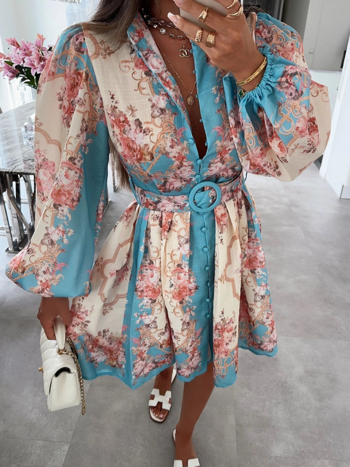 Chiara Women's Boho Long Sleeve Floral Midi Dress, Belted Vacation Dress