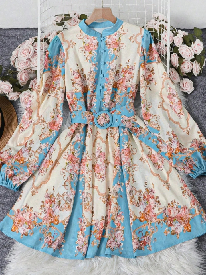 Chiara Women's Boho Long Sleeve Floral Midi Dress, Belted Vacation Dress
