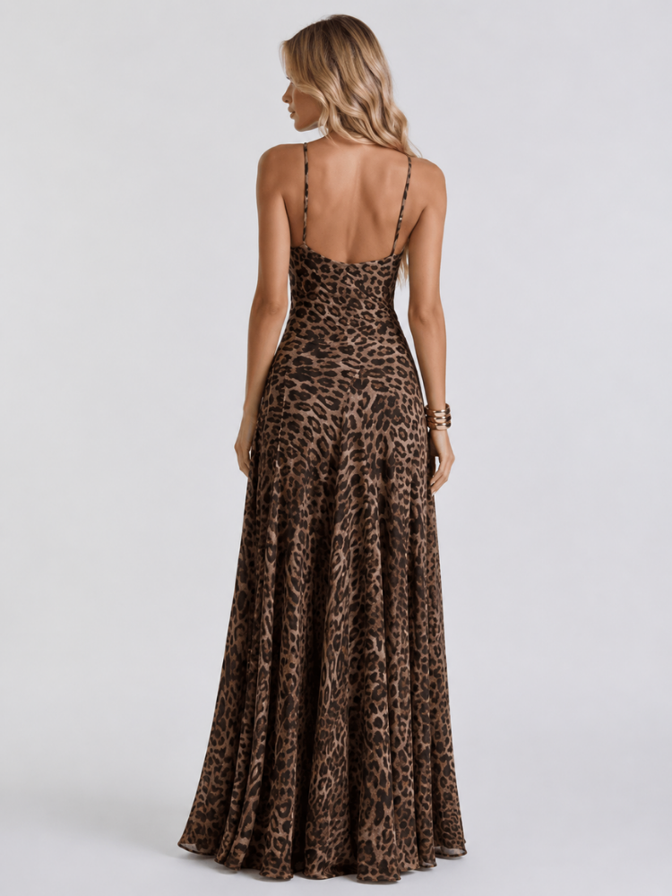 Emilia Women's A-Line Leopard Print Maxi Dress, V-Neck Sequin Gala Dress – Brown