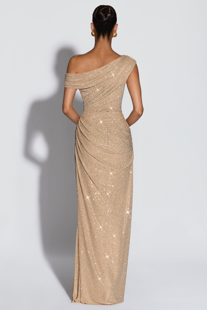 Bianca Women's Off-Shoulder Sequin Maxi Dress, Formal Gala Dress – Gold