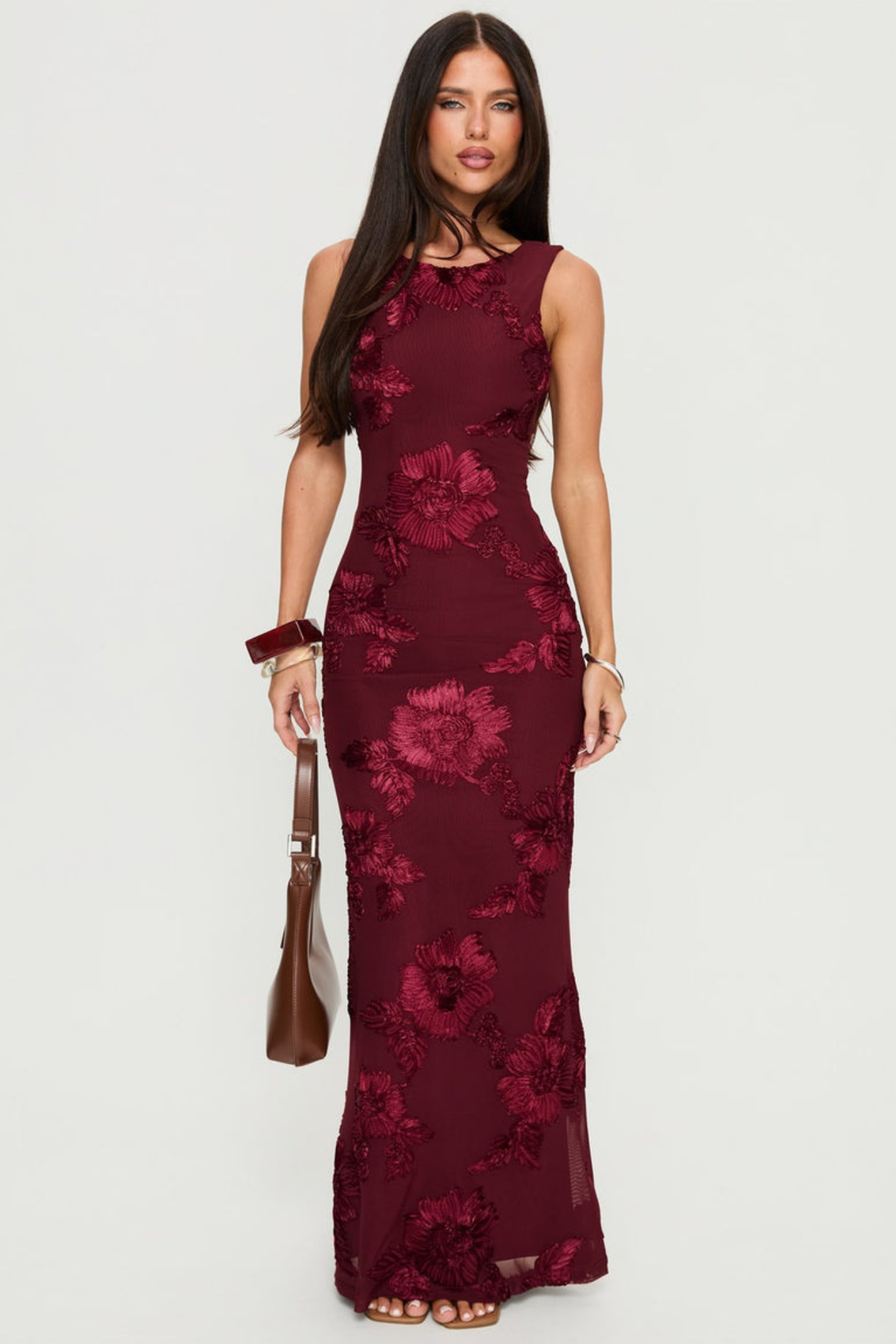 Selvana Women's Sleeveless Floral Maxi Dress, Fall Wedding Guest Dress – Burgundy