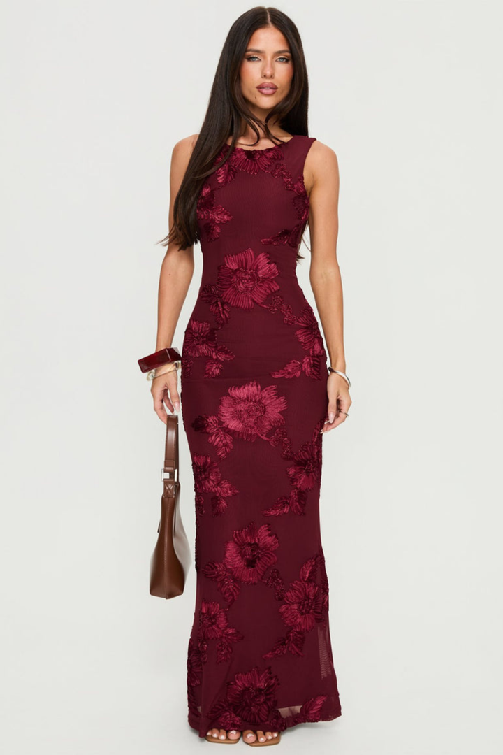 Selvana Women's Sleeveless Floral Maxi Dress, Fall Wedding Guest Dress – Burgundy
