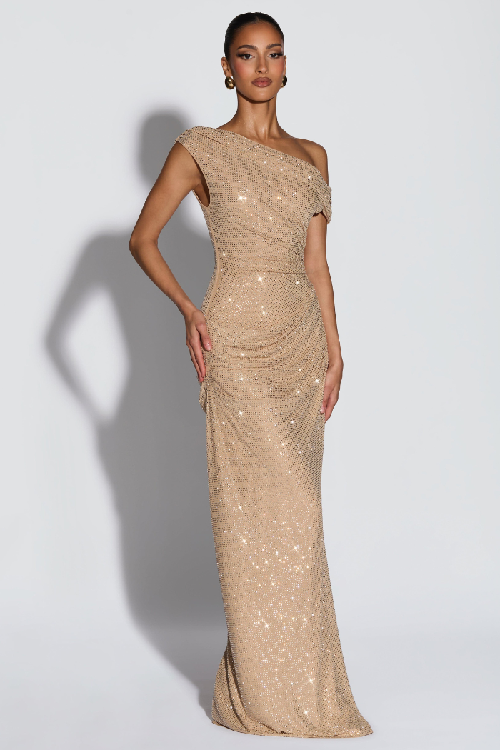Bianca Women's Off-Shoulder Sequin Maxi Dress, Formal Gala Dress – Gold