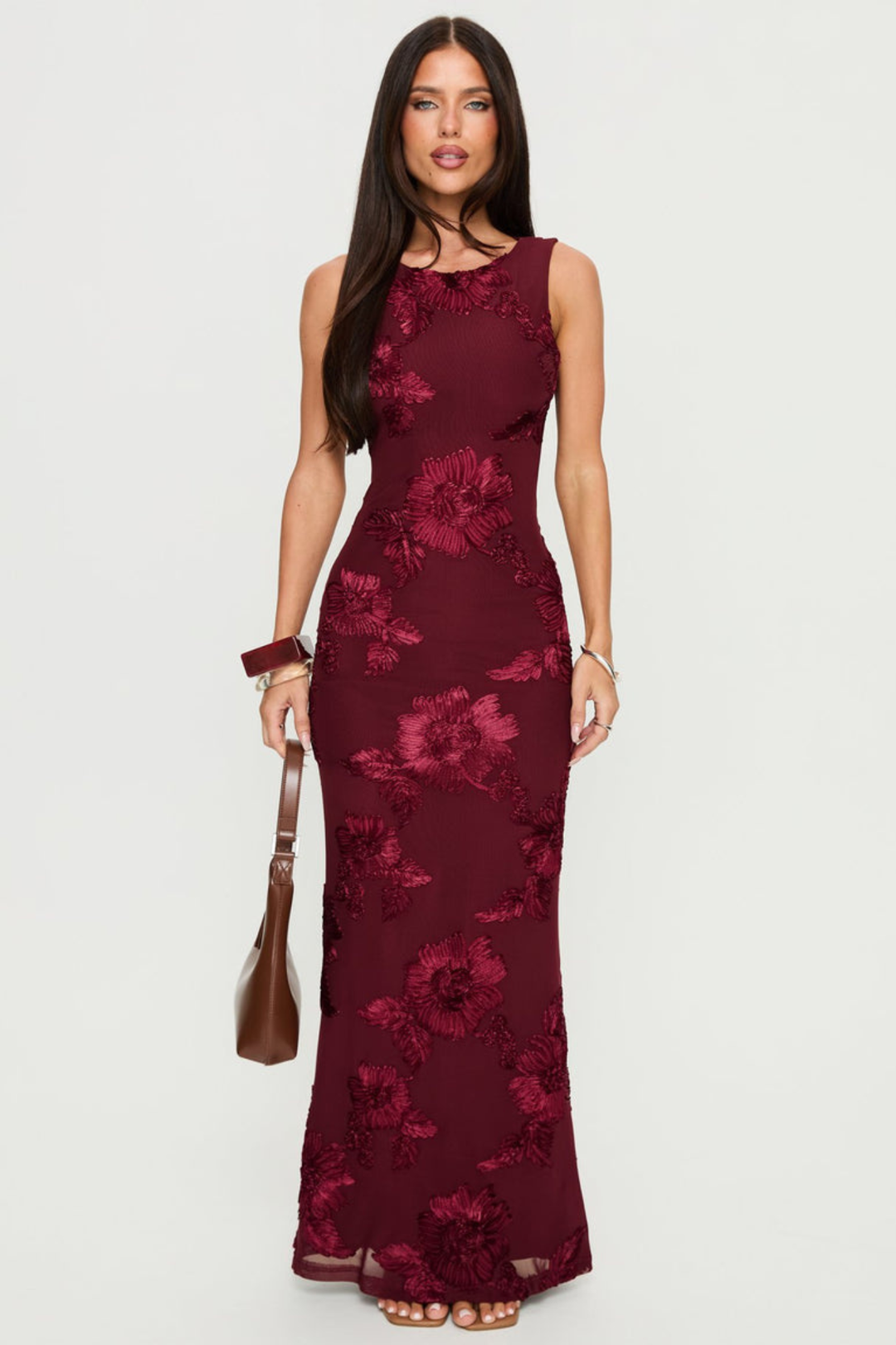 Selvana Women's Sleeveless Floral Maxi Dress, Fall Wedding Guest Dress – Burgundy